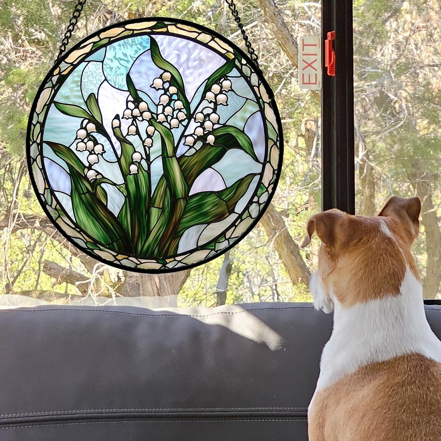 Stained Glass Window Hanging, White Green Lily of The Walley Flowers Sun Catcher for Door Home Decor Plants Suncatcher Christmas Mother's Day Birthday Gifts for Women Men Mom Nana 9.8 in