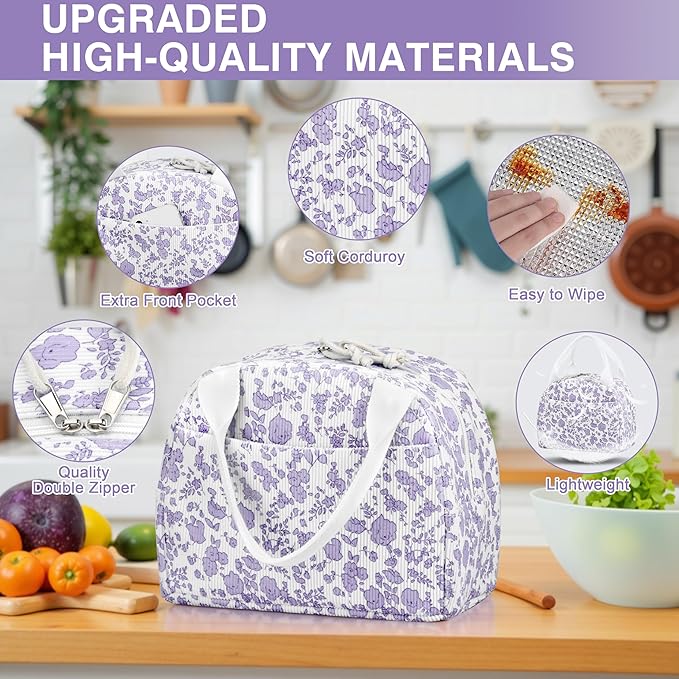Lunch Bag - Insulated Lunch Box for Women, Reusable Large Capacity Cooler Bag for Adult, Small Leakproof Cute Corduroy Lunch Tote for Work Office Travel Picnic (Corduroy Purple-Flower)