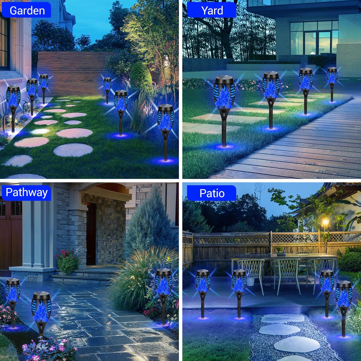 AOUNQ Solar Torch Lights, 10 Pack Blue Flickering Flame, Waterproof Outdoor Garden Decor, Model c34aaa17-3634-44fd-891a-3ebb0e47410