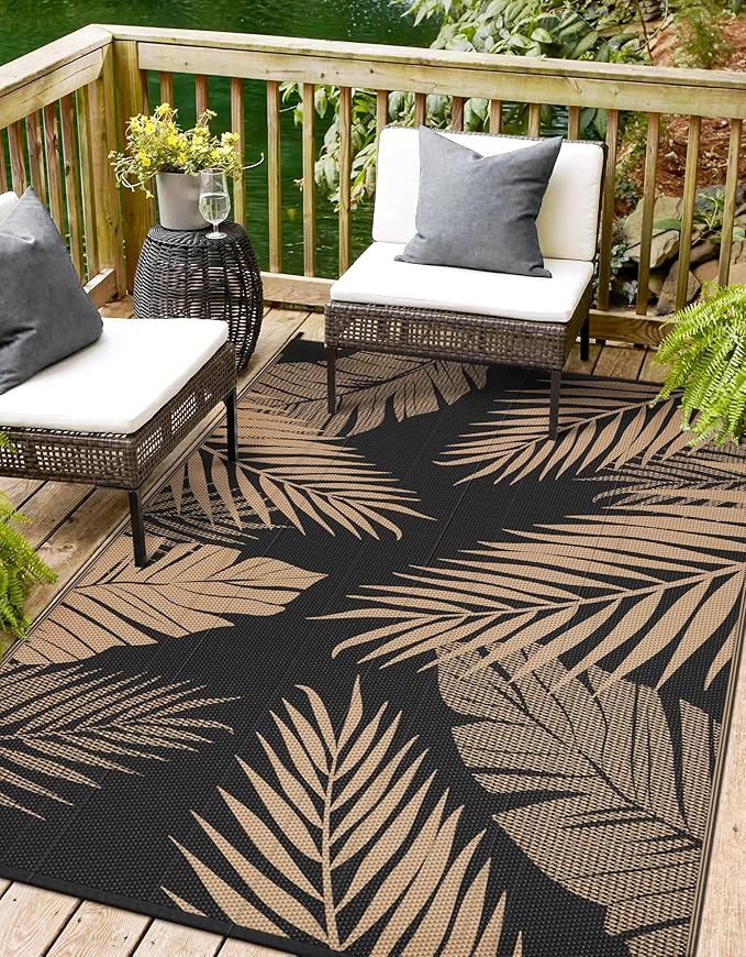 Outdoor Rug 4' x 6' for Patio Waterproof Clearance, Reversible Indoor Outdoor Plastic Straw Camping Rug Carpet, RV Mat, Large Area Rug for Deck, Backyard, Balcony, Porch, Beach, Black and Brown