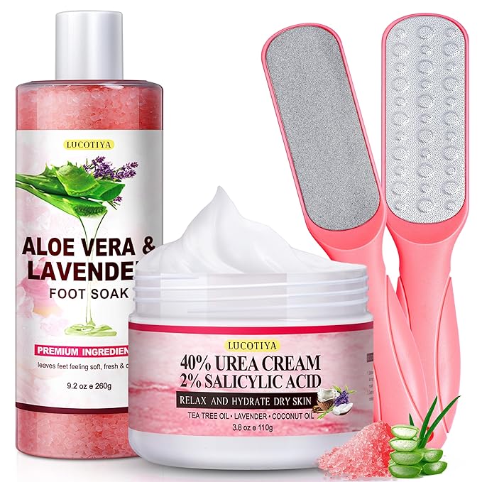 LUCOTIYA Pedicure Kit Foot Spa Soak Set Callus/Cuticle Remover File, Dead Skin Urea Cream for Feet Aloe Lavender Pedicure Supplies for Dry Cracked Feet for Women Men ﻿
