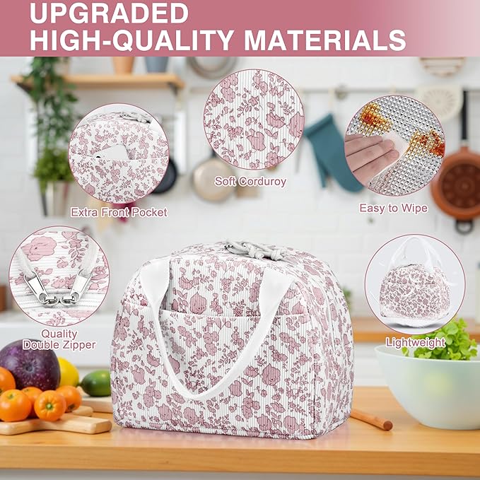 Lunch Bag - Insulated Lunch Box for Women, Reusable Large Capacity Cooler Bag for Adult, Small Leakproof Cute Corduroy Lunch Tote for Work Office Travel Picnic (Corduroy Pink-Flower)