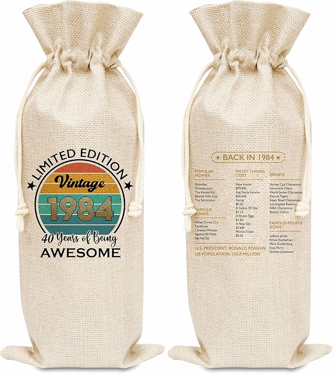 Disfuco 40th Birthday Wine Gift Bag, 1984 Birthday Gift Wine Bag, Burlap Wine Bottle Cover Bag For Women Men, Friends, Daughter, Son, Newphew, Niece, 1 Pc (B03)