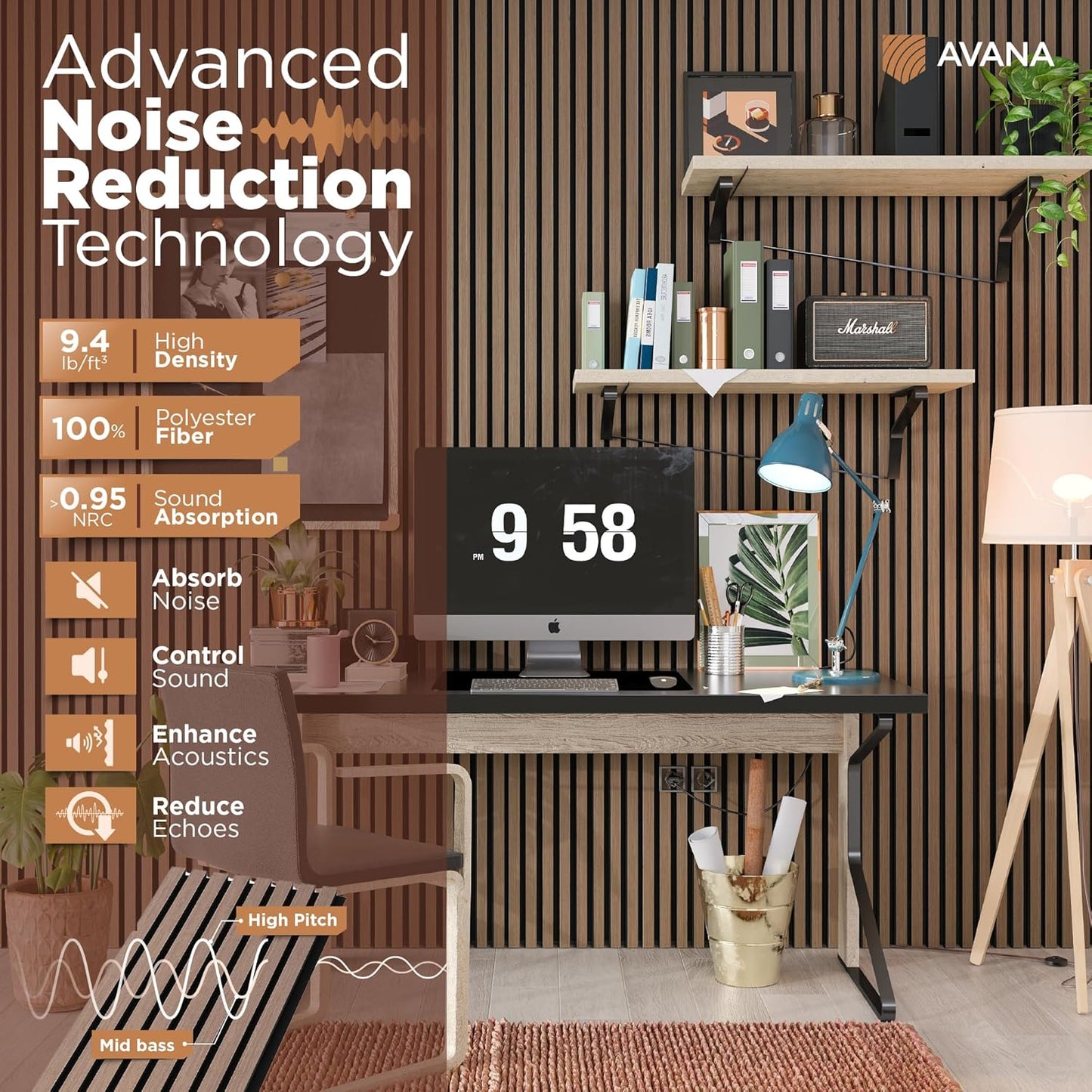 Avana Acoustic Wood Wall Panels – 94.4 x 12.6 Inch Smoke Walnut Acoustic Panels 2 PCs – Wall Panels For Interior Wall Decor For Homes, Offices, Studios – Pleasing Wood Panels For Wall