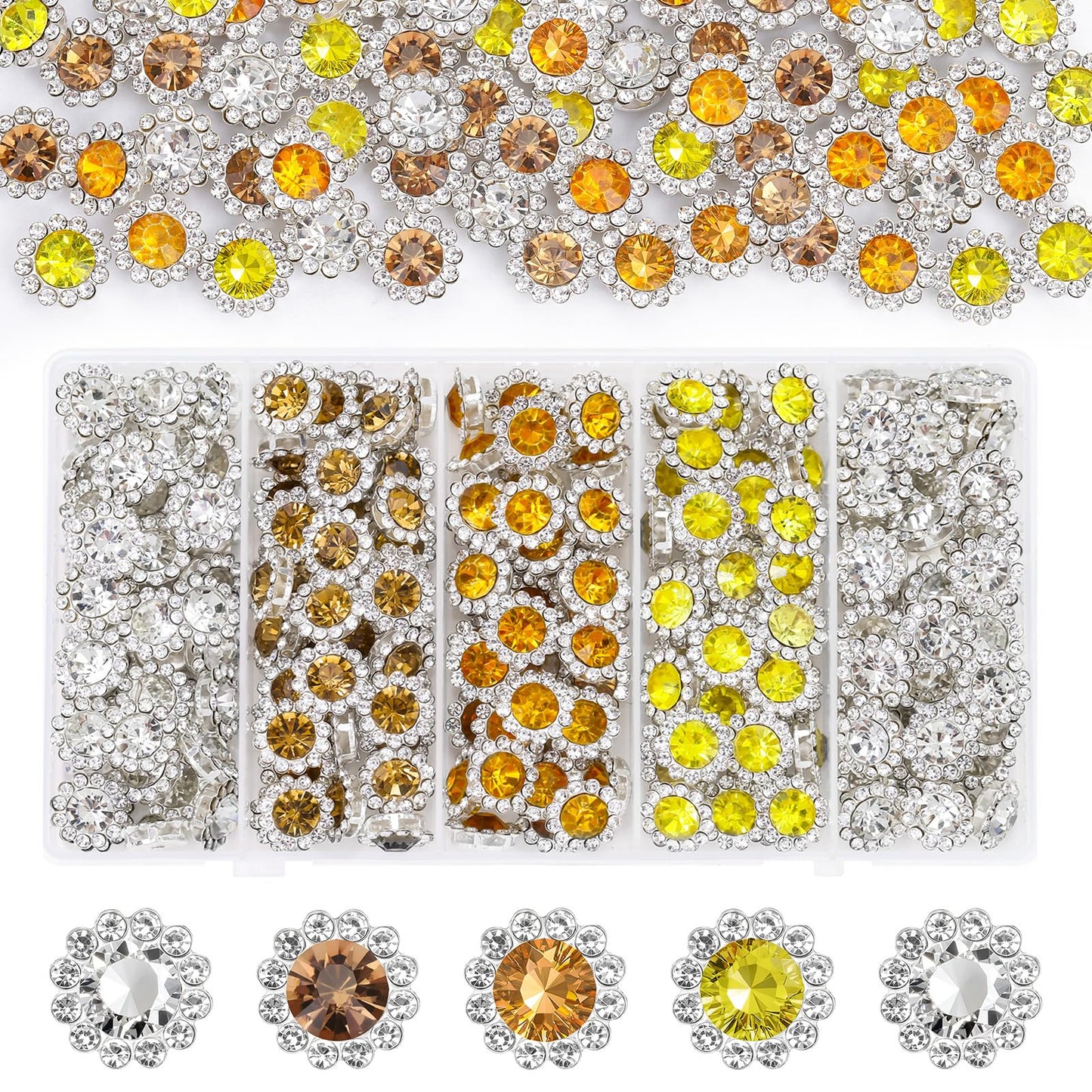 200 Pcs 12MM Sew on Rhinestones Mixed Colors Crystal Glass Metal Base Flower Shape, Flatback Rhinestones for Crafting, Sewing Ac