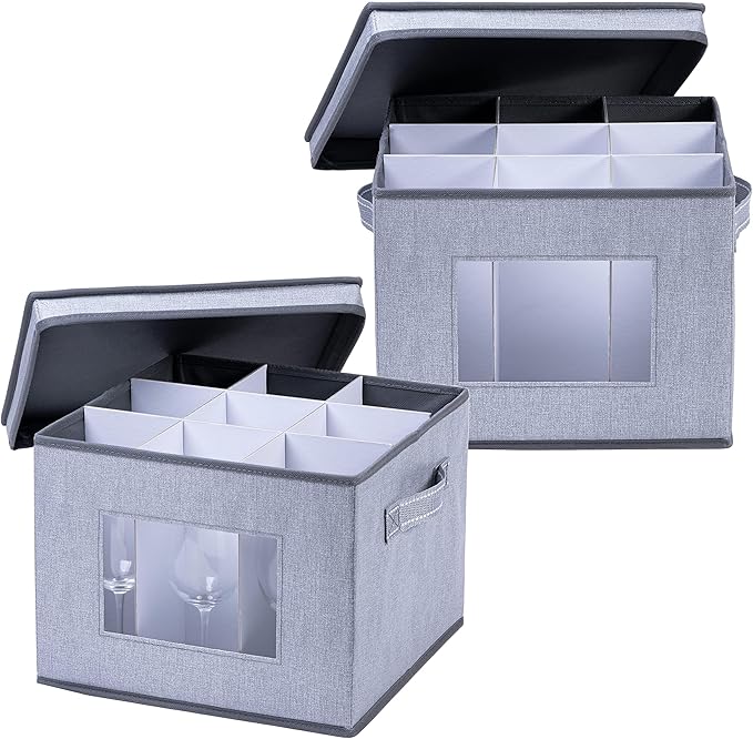 VENO 2 Pack Wine Glass Storage Box with Lid and Handles, Glasswares, China Organizer, Great for Moving, Transport. Dividers for 9 Glasses (Wine Glasses - 2 Pack)