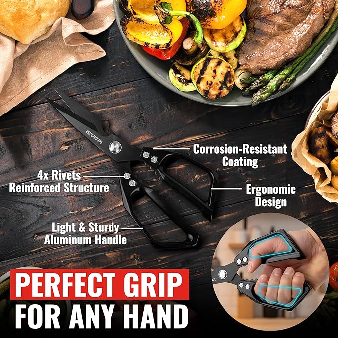5-in-1 Multifunctional Heavy-Duty Kitchen Scissors with Tweezer, Black All Purpose Kitchen Shears with Titanium Coated Stainless Steel Blades, Dishwasher Safe Poultry Shears