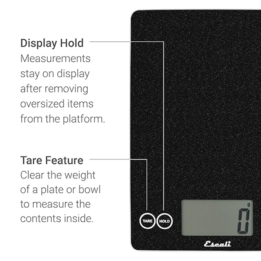 Escali Arti Glass Food Scale Digital Countertop Kitchen, Baking and Cooking Scale with Nutrition and Calorie Counter, 15-Pound Capacity, 9" x 6.5" x .75", Black