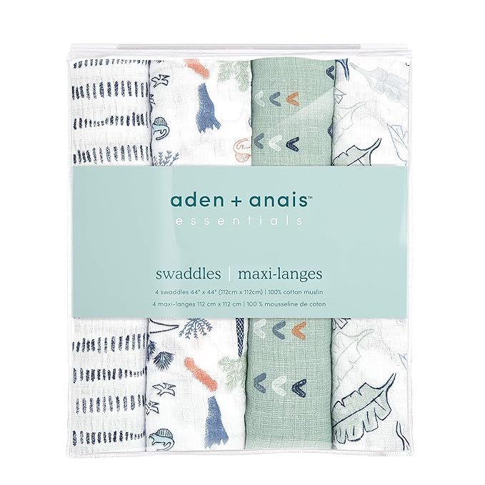 aden + anais Essentials Swaddle Blanket, Muslin Blankets for Girls & Boys, Baby Receiving Swaddles, Newborn Gifts, Infant Shower Items, Wearable Swaddling Set, 4 Pk, Dinotime