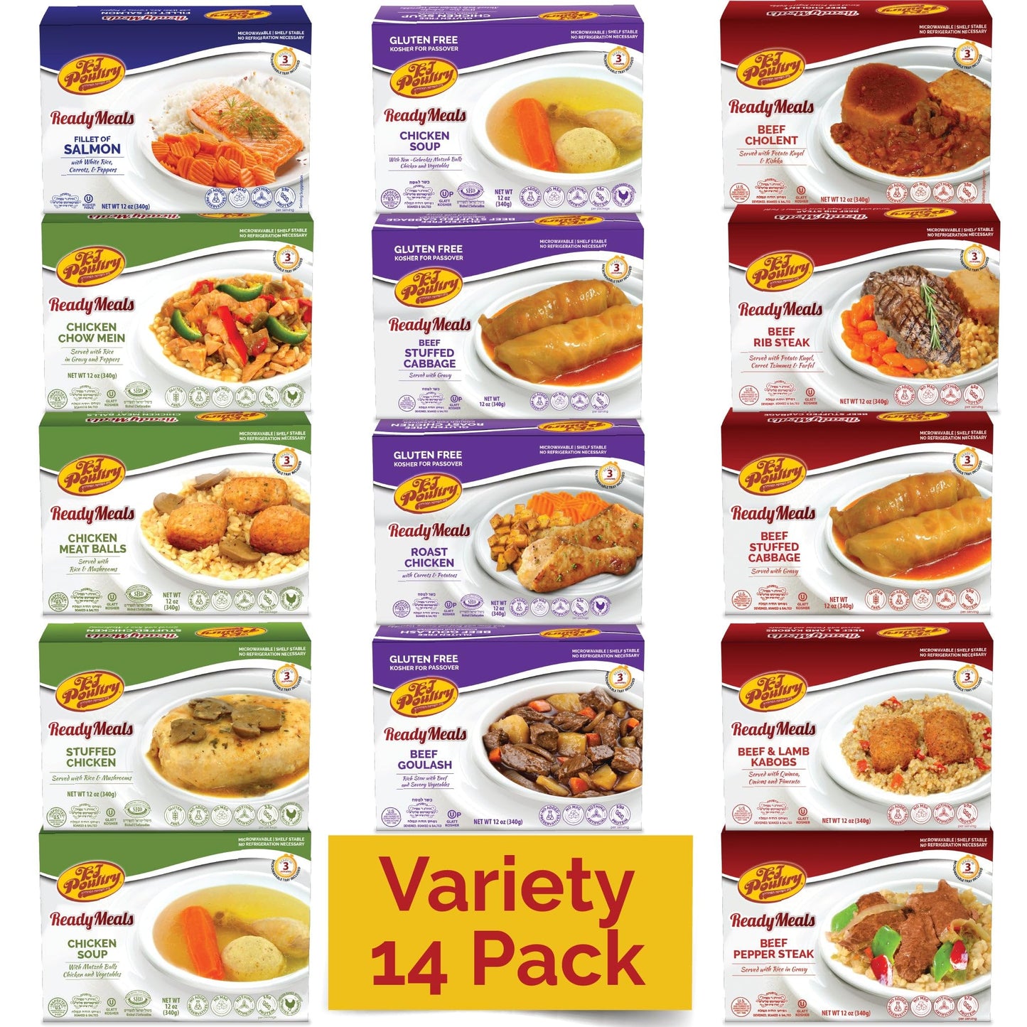 KJ Poultry Kosher Ready Meals - Chicken, Beef and Salmon Fish (14 Pack Variety) Prepared Entree Fully Cooked, Shelf Stable Micro