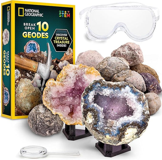 National Geographic Break Open 10 Premium Geodes – Includes Goggles & 2 Display Stands - Great STEM Science Kit, Geology G...
