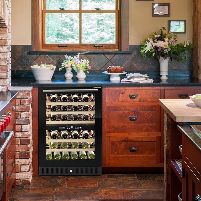 24 Inch Dual Zone Wine Refrigerator, 51 Bottles Under Counter Built-In or Freestanding Wine Cellar, Wine Cooler with Quiet Compressor Cooling and Reversible Glass Door, Fits Large Bottle
