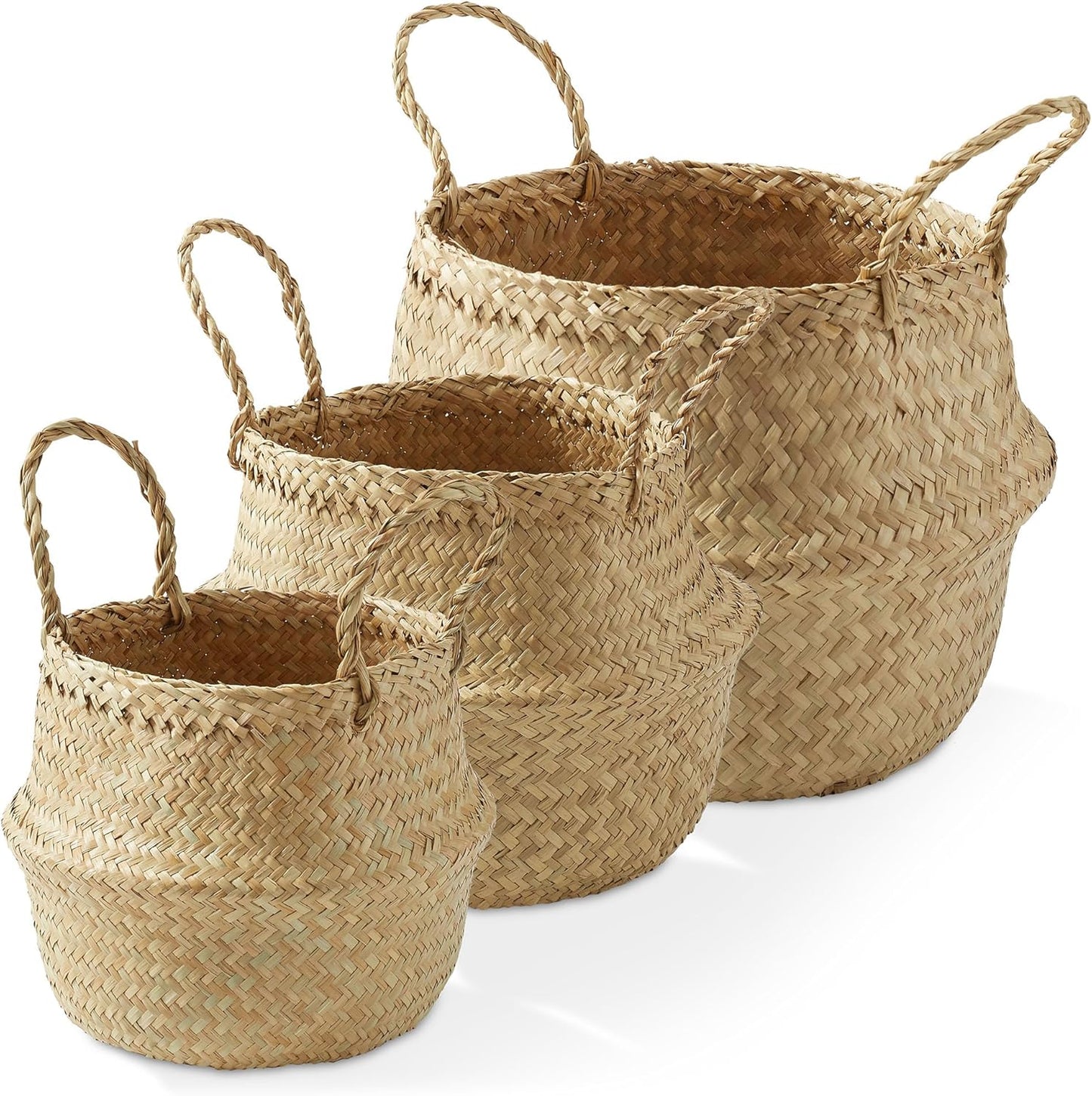 Casafield (Set of 3) Seagrass Belly Storage Basket Planters - Small, Medium, Large, Natural Woven Wicker Indoor Plant Pot Covers for Plants and Trees