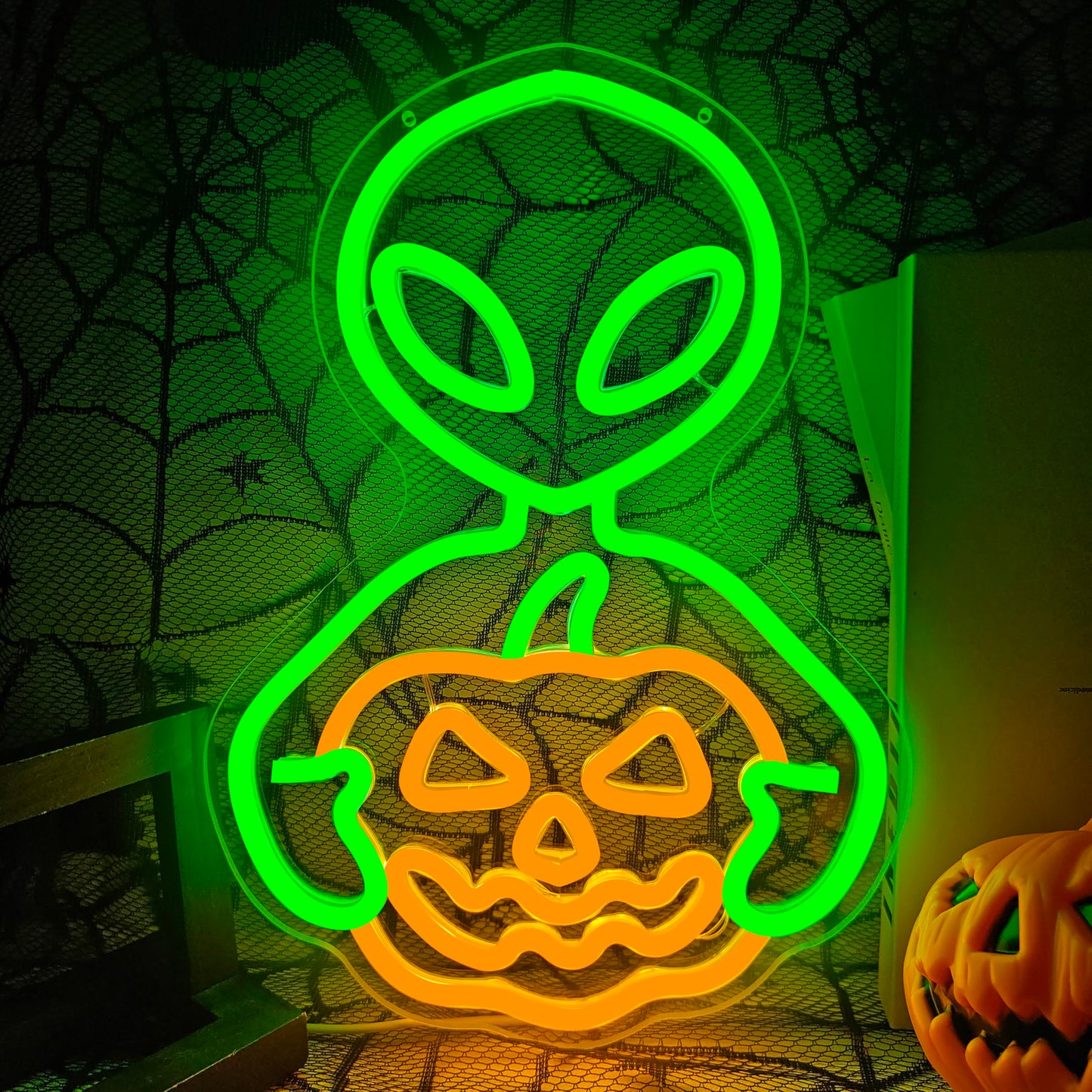 Jeanchrl Alien Pumpkin Neon Sign Halloween Neon Light Sign For Bedroom Usb Powered Pumpkin Led Sign For Wall Decor Adjustable Alien Neon Wall Art Gifts For Friends Kids Halloween Decorations