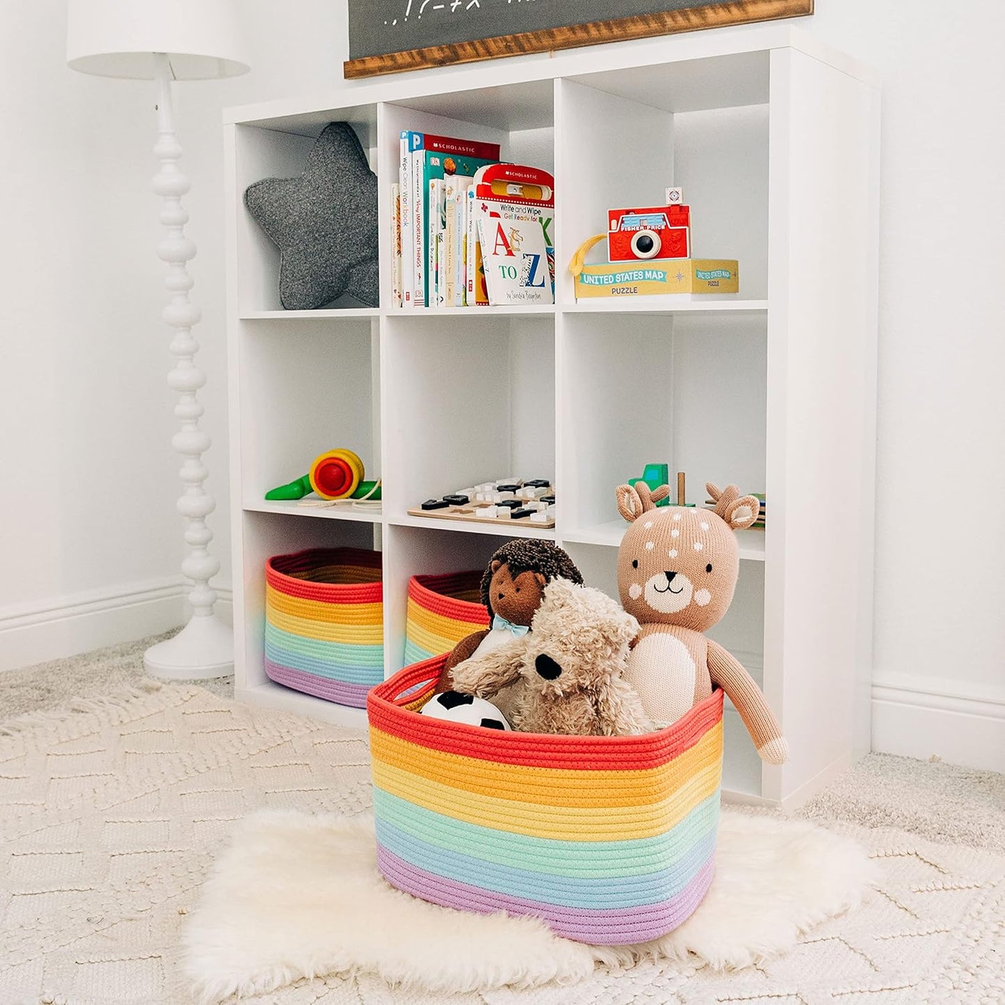 OrganiHaus Set of 3 Rainbow Woven Storage Baskets for Organizing, Cotton Rope Organizer Bins for Shelves, Closet & Nursery, Dog Toy Basket, Decorative Bins for Toys, Towels & Books - 15x10x9