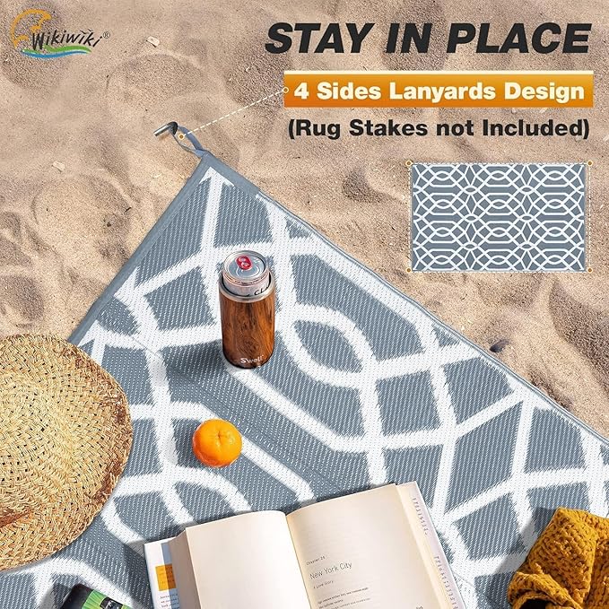 wikiwiki Outdoor Rug, 9x18ft Waterproof Reversible Mat Indoor Outdoor Rugs Carpet, Small Area Rug Plastic Straw Rug for Patio Deck Balcony Pool RV Camping Beach Picnic, Grey, Rugscape Series