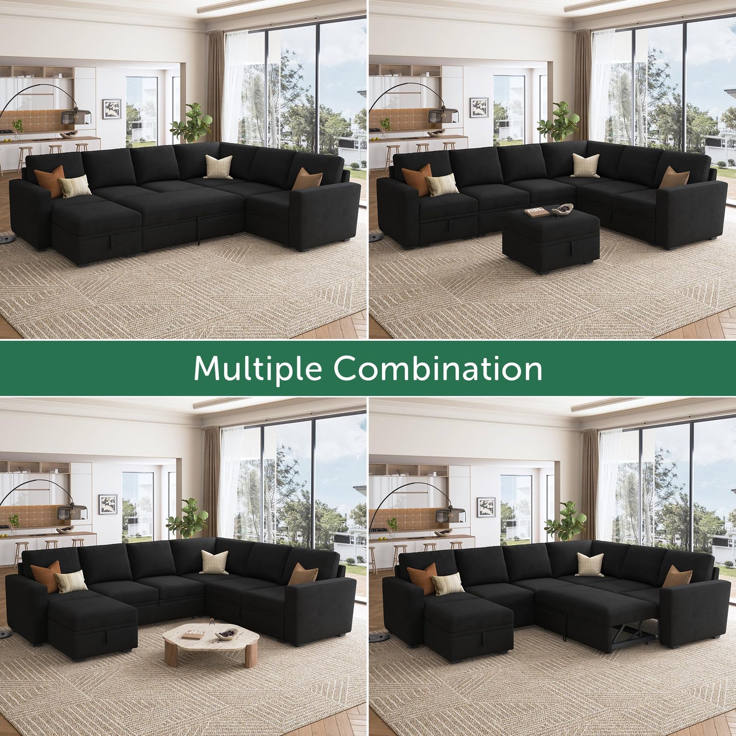 HONBAY Sectional Sleeper Couch with Pull Out Bed, U Shaped Sectional Sofa with Storage, Modular Velvet Sectional Couches for Living Room, Black