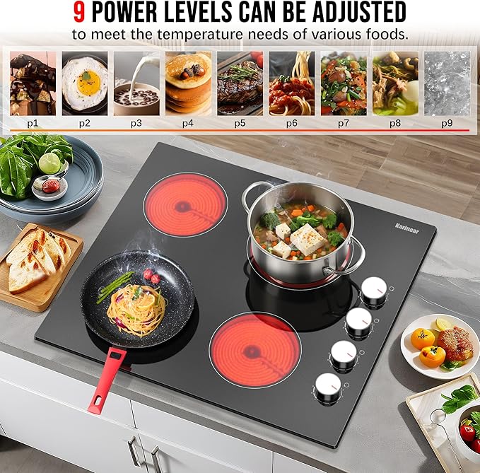 Karinear 24 Inch Electric Cooktop 4 Burners Electric Stove, Knob Control,6000W, Built-in Radiant Hob,Residual Heat Indicator, Overheat Protection,Hardwired 220V Radiant Ceramic Stove (White Knob)