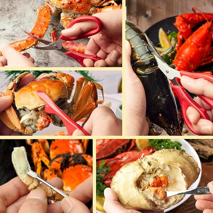 Crab Crackers and Tools，21-piece Seafood Tools Set includes 4 Crab Crackers, 4 Lobster Shellers, 4 Lobster Forks/Picks, 4 Crab Forks/Spoons and 4 Seafood Scissors in 1 Storage Bag - Nut Cracker Set