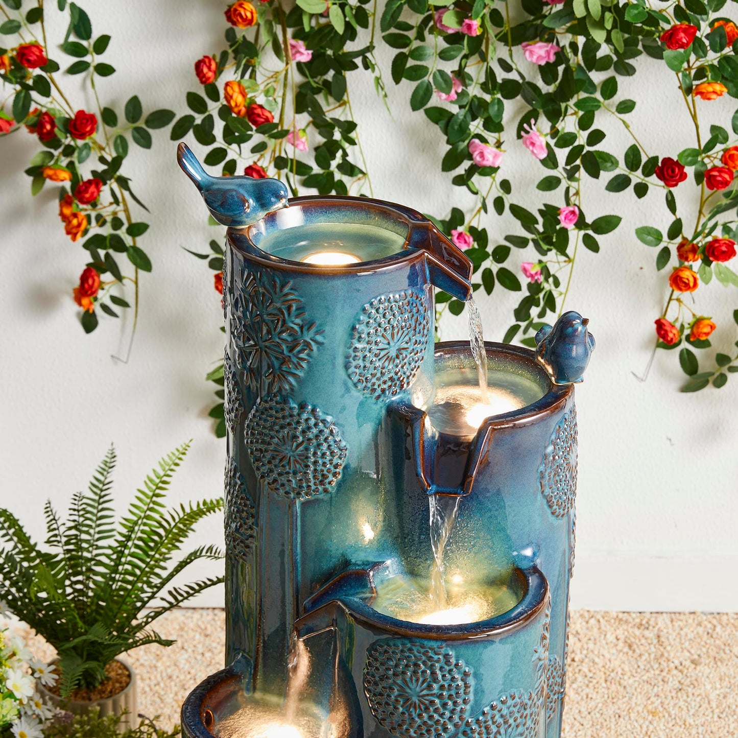 Glitzhome 31.75" H Outdoor Water Fountain with LED Lights and Pump, 4 Tier Dandelion Texture Vase Shaped Ceramic Floor Standing Fountain with Birds for Porch Deck Garden Patio Backyard, Turquoise