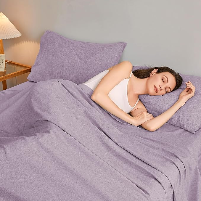 Twin Sheets Purple, Ultral Soft Cationic Linen Look Sheets, Luxury Cooling Cozy Bed Sheet Set with Non-Slip Fitted Sheet