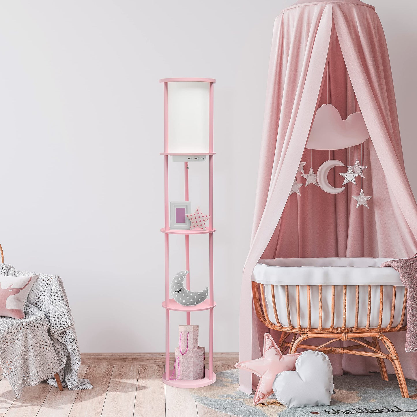 Simple Designs LF2010-LPK Round Shelf Etagere Floor Lamp with USB Ports, Light Pink