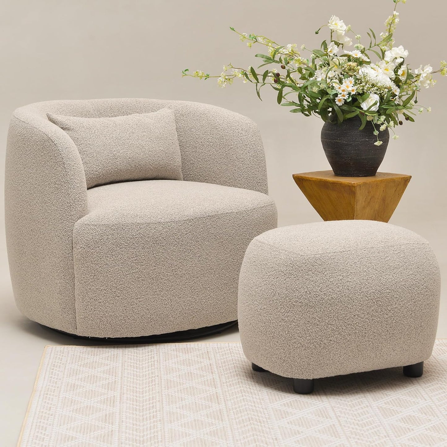 KINWELL 34" Wide 2 Boucle Swivel Barrel Chairs and 2 Ottomans Set, Fully Assembled Sherpa Accent Chairs and Footrest Set, Modern Comfy Armchairs and Footstool for Living Room and Bedroom, Taupe