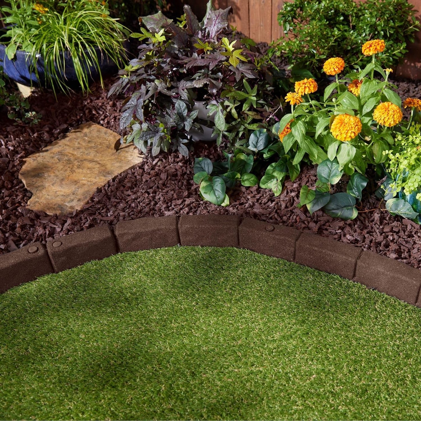 Rubberific 4' Rubber Cobblestone Flexible No Dig Landscape Mulch Border Edging with Anchoring Spikes for Lawns, Gardens, and Flower Beds (1, Brown)