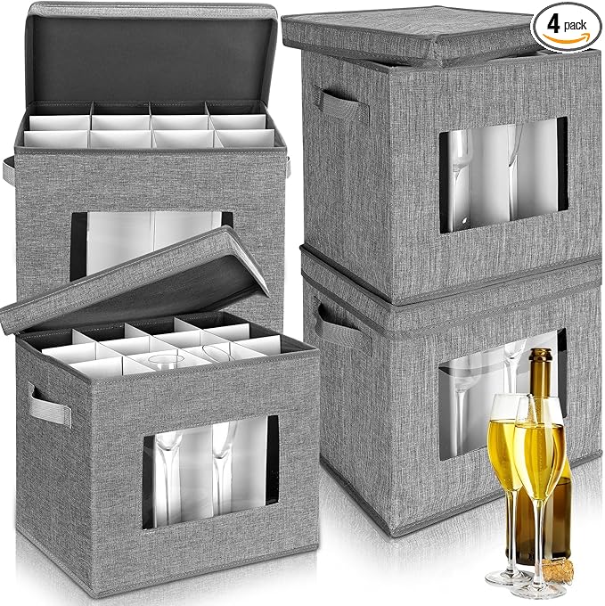 Uiifan 4 Pcs Champagne Flute Storage Box with Dividers 12 Compartment Stemware Storage Cases China Container Box with Lid, Handles, PVC Window for Moving, Gray