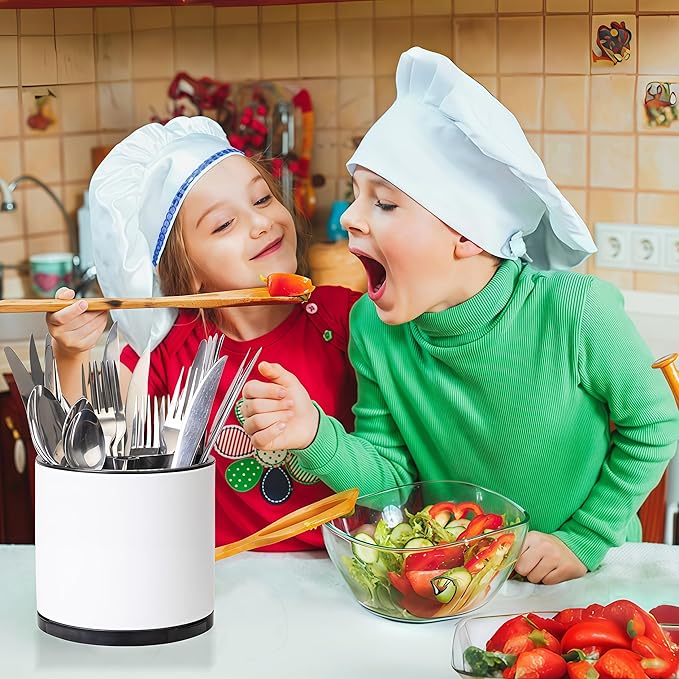 Kitchen Utensil Holder Extra Large Rotating For Counter Organizer Stainless Steel Storage Cooking Silverware Caddy 3 Compartment Flatware Spoon Spatula Tool Cutlery Container(2 Set White)