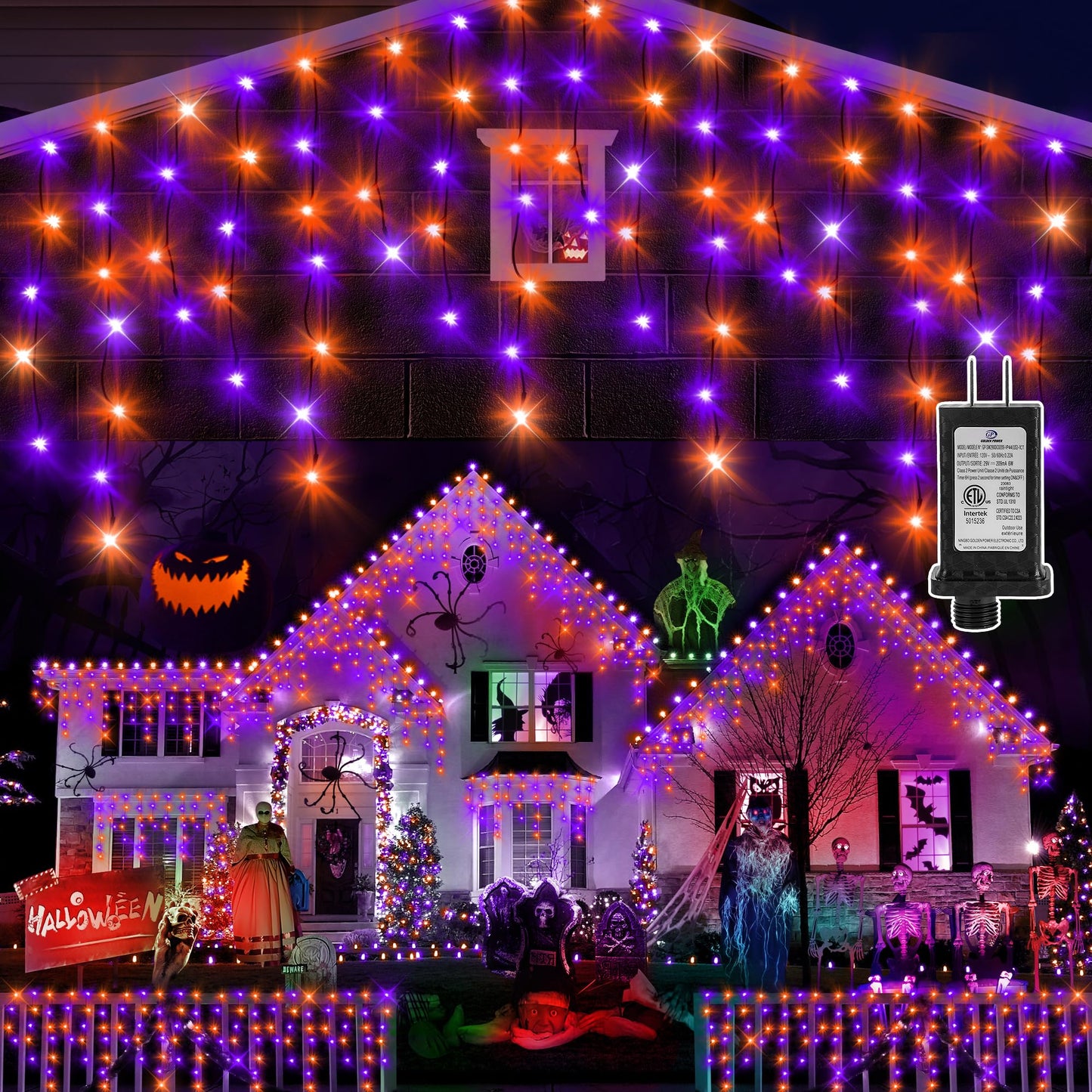 KNONEW Outdoor Halloween String Lights, 33FT 400 LED, Orange Purple, Black Wire, 8 Lighting Modes, Timer, Model KN-1000-LIG168-01