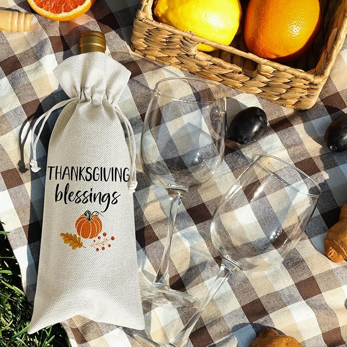 Wine Canvas Bag, Thanksgiving Wine Gift Bag, Thanksgiving Gifts for Friends Coworker Autumn Harvest Party Wine Bags for Wine Bottles, Wine Gifts With Drawstring Holiday Fall Party Decoration -WB37