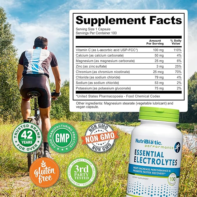 NutriBiotic Essential Electrolytes, 100 Ct Capsules | Supports Increased Performance & Faster Recovery | Pharmaceutical Grade Vitamin C with Electrolytes for Rehydration | Vegan, Gluten-Free & Non-GMO