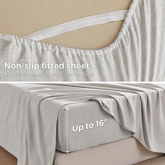 Full Sheets Light Grey, Ultral Soft Cationic Linen Look Sheets, Luxury Cooling Cozy Bed Sheet Set with Non-Slip Fitted Sheet