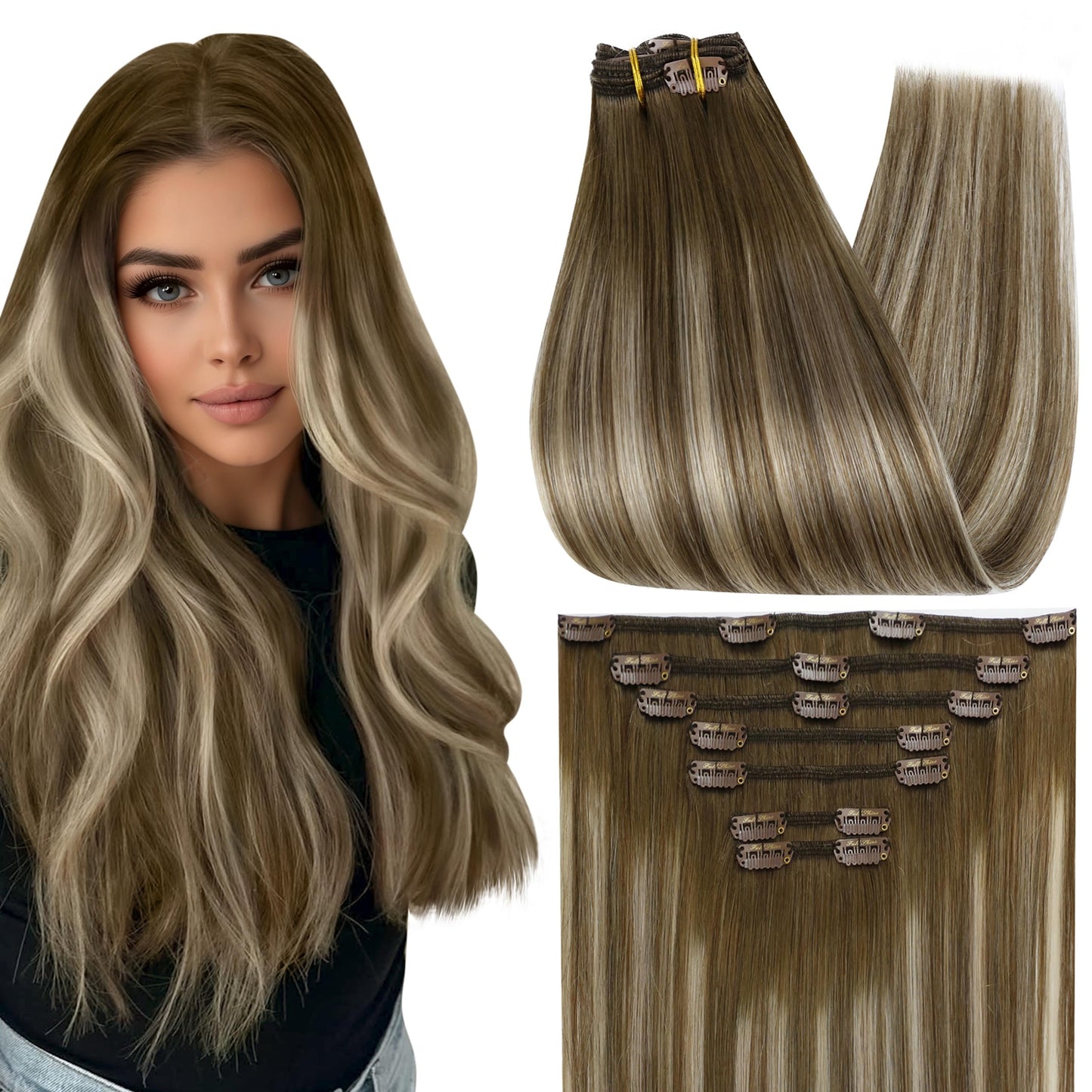 Full Shine Human Hair Extensions Clip ins 18 Inch Straight Remy Hair Clip in Extensions Light Brown Ombre Brown Mix Platinum Blo