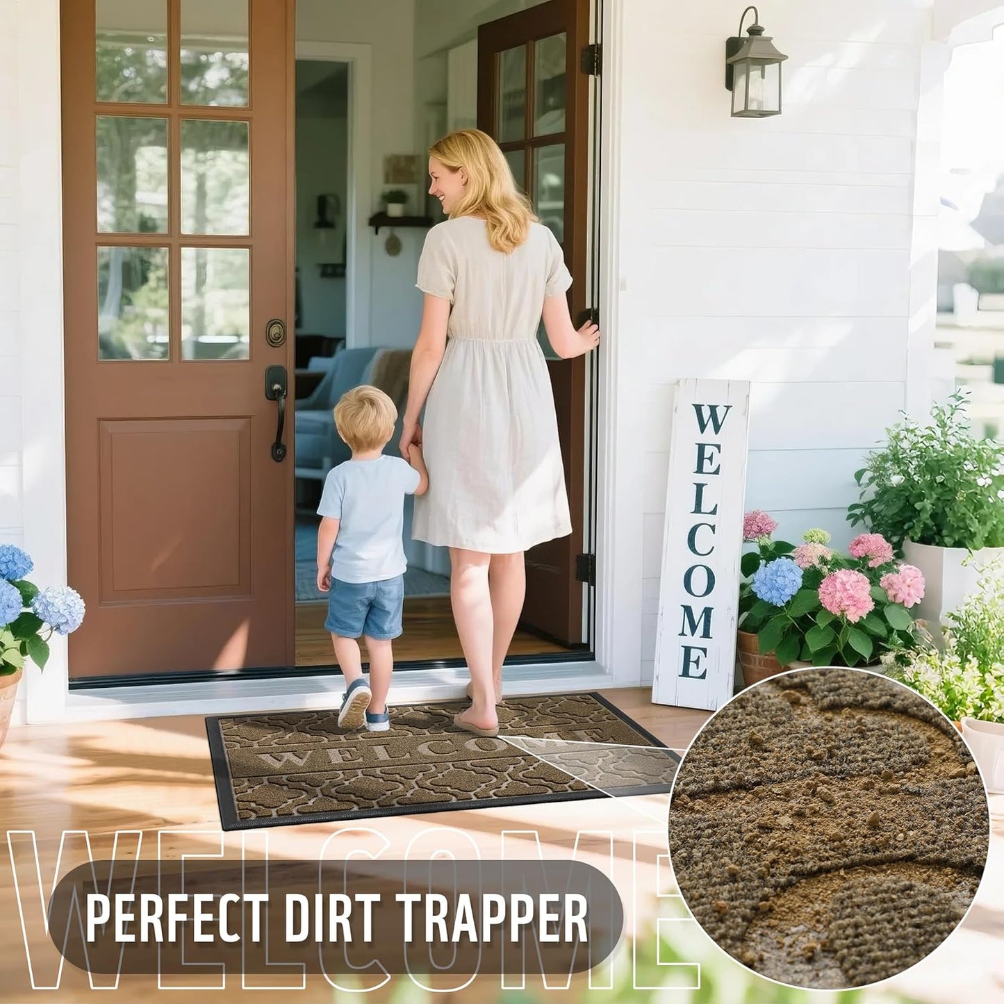 Yimobra Welcome Mat Outdoor Indoor, All-Season Waterproof Front Door Mat Outside Entrance, All-Weather Heavy Duty Non-Slip Doormat, Low Profile Porch Patio Entrance Mats, 47x32, Coffee