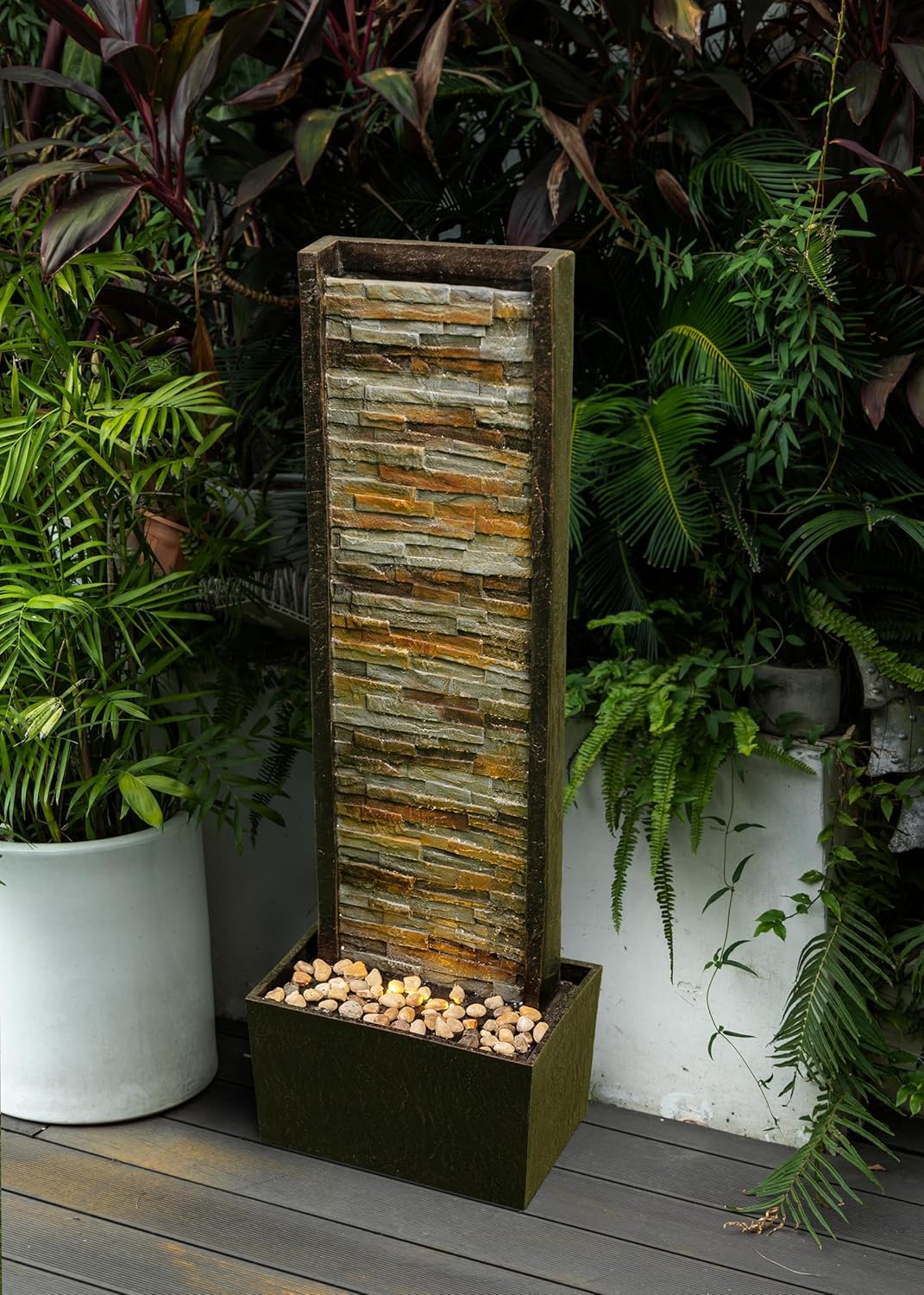 Cheng Pin Indoor Water Fountain -Staggered Stone Design,Create a Relaxing Ambiance and Decor Your Living Room,Office,Bedroom Or Outdoor Garden with Waterfall Water Feature and LED Lights,38in. Tall