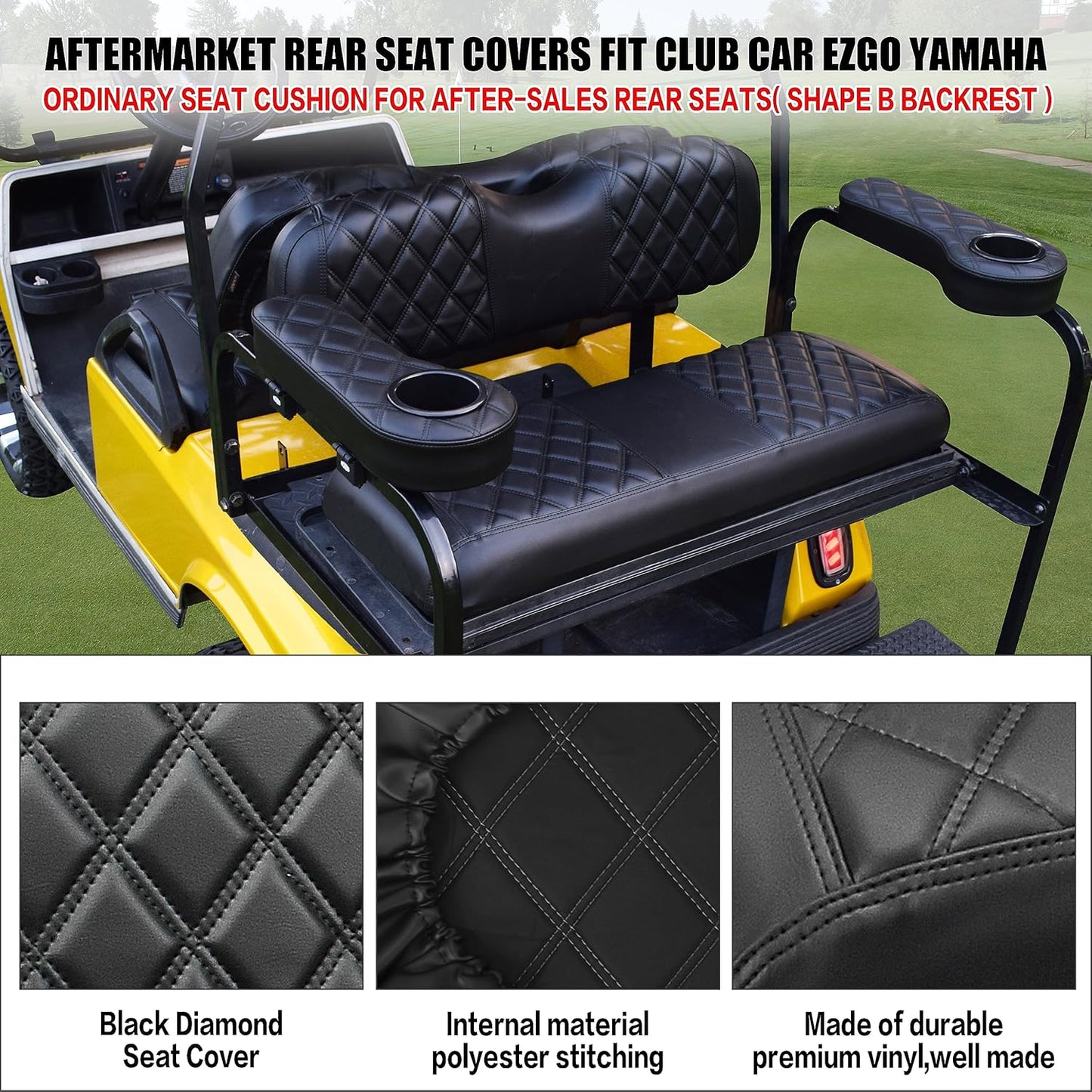 NOKINS Golf Cart RS Diamond Seat Cover for Standard Seat Cushion Aftermarket Back Seat Kit, No Staples Required,Golf Cart Vinyl Replacement Seat Cover Black Stitching