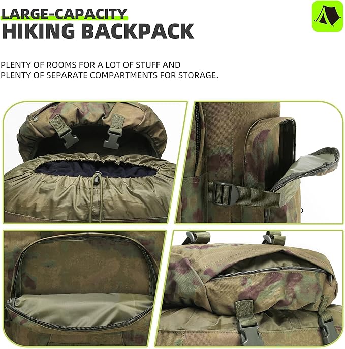 100L Camping Hiking Backpack,Molle military Tactical rucksack backpack,Waterproof Lightweight Hiking Backpack (Ruin Green)