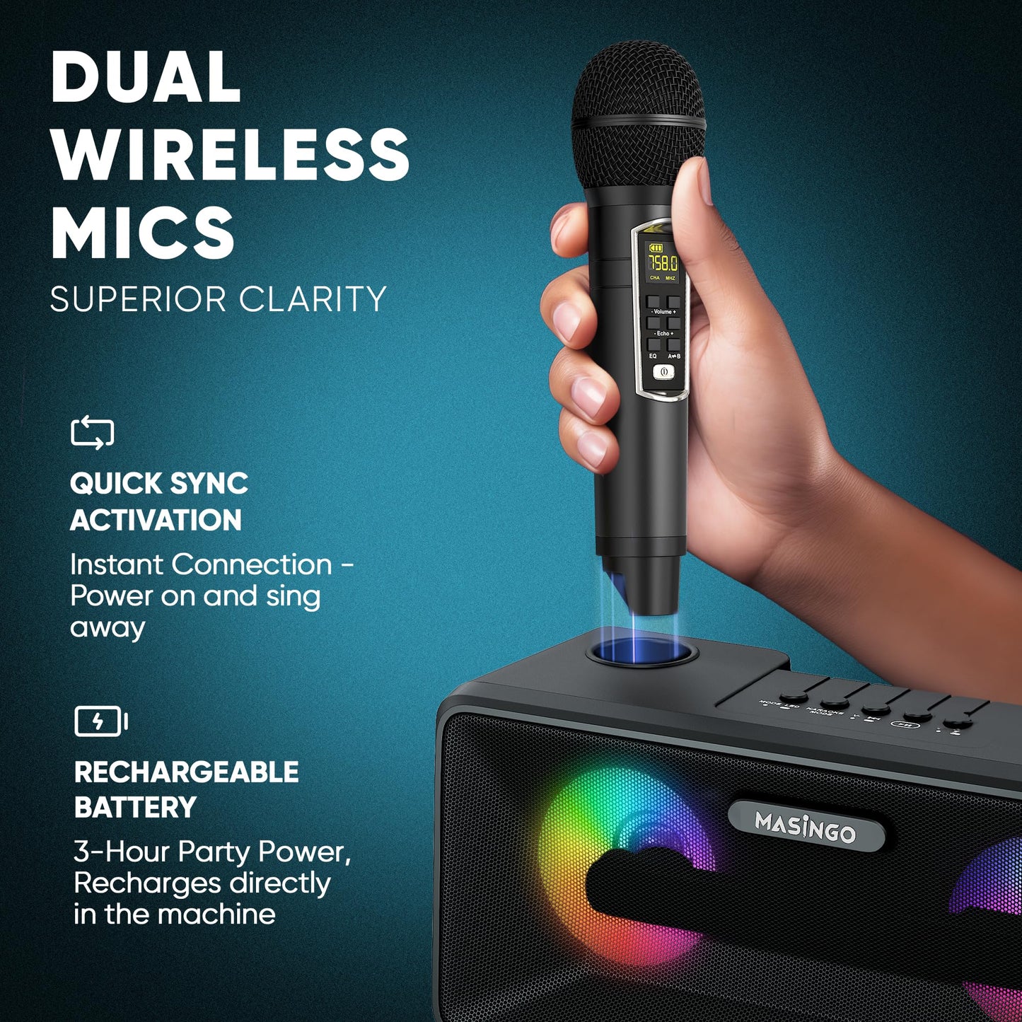 Masingo Karaoke Machine For Adults And Kids With 2 Wireless Microphones, Portable Bluetooth Singing Speaker, Colorful Led Lights