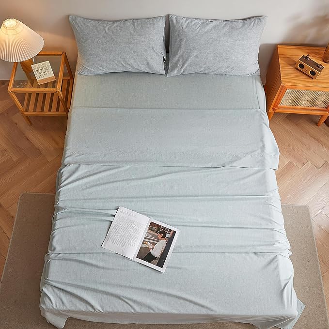 Twin Sheets Blue, Ultral Soft Cationic Linen Look Sheets, Luxury Cooling Cozy Bed Sheet Set with Non-Slip Fitted Sheet