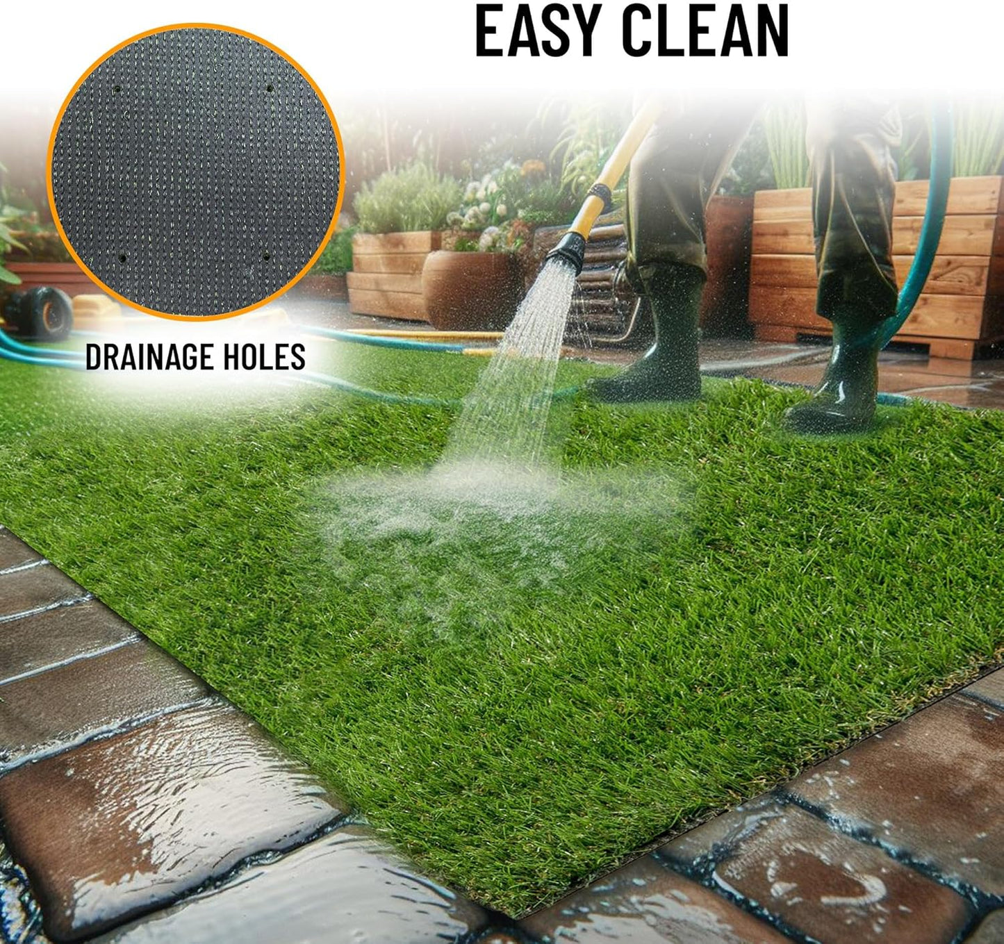 Ottomanson 2'7" x 15' Artificial Faux Grass Rug - Realistic Turf with UV Protection - Perforated for Easy Drainage - Durable, Hose-Off Synthetic Lawn Carpet for Indoor & Outdoor Use, Green