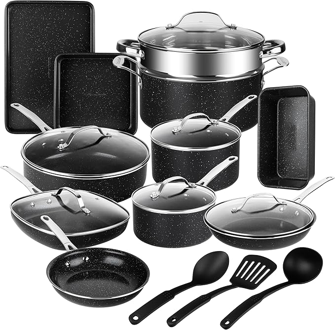 Granitestone Ceraluxe 20 Pc Ceramic Cookware Set Nonstick, Complete Pots and Pans Set Non Stick for Kitchen with Bakeware, Utensils & Steamer, Non Toxic Made Without PFOA PFOS, Oven & Dishwasher Safe