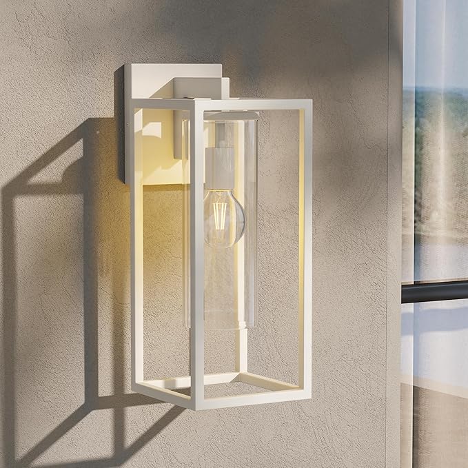15.7 Inch Outdoor Wall Lights, Outdoor Wall Lantern with Circular Clear Glass Shade, Waterproof Exterior Lighting Fixtures, Modern Front Porch Lighting for House, Garage, E26 Base, ETL Listed, White