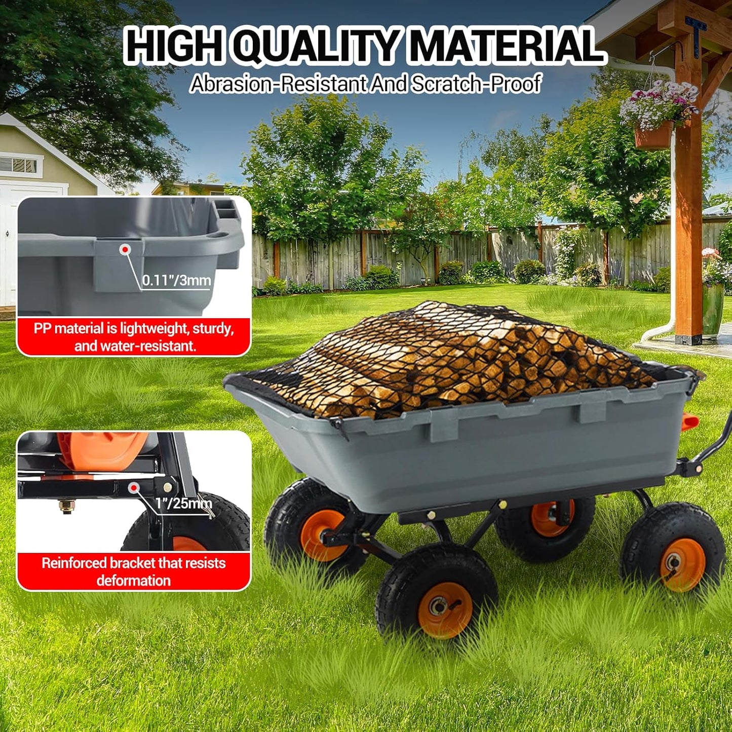 900 Lbs Poly Garden Dump Cart, Heavy-Duty Wheelbarrow with 10-Inch Tires, 180° Rotating Handle, Steel Frame and Quick Release System Garden Dump Cart for Soil Plants Gardening Tools Wood