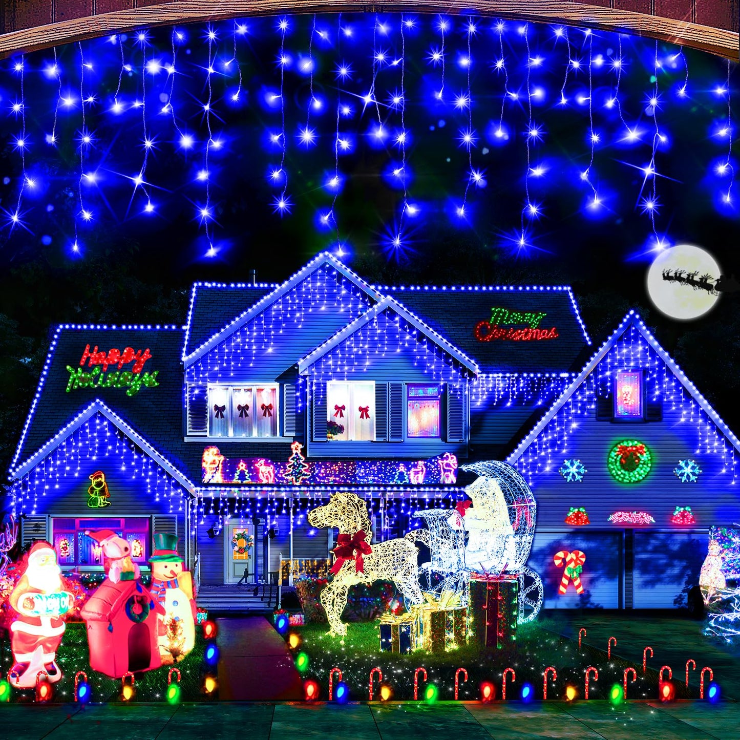 Hezbjiti Outdoor Christmas Decorations Lights, 400 LED 32.8 FT, 8 Modes, Blue, Model HB01-MNO1005-JDY