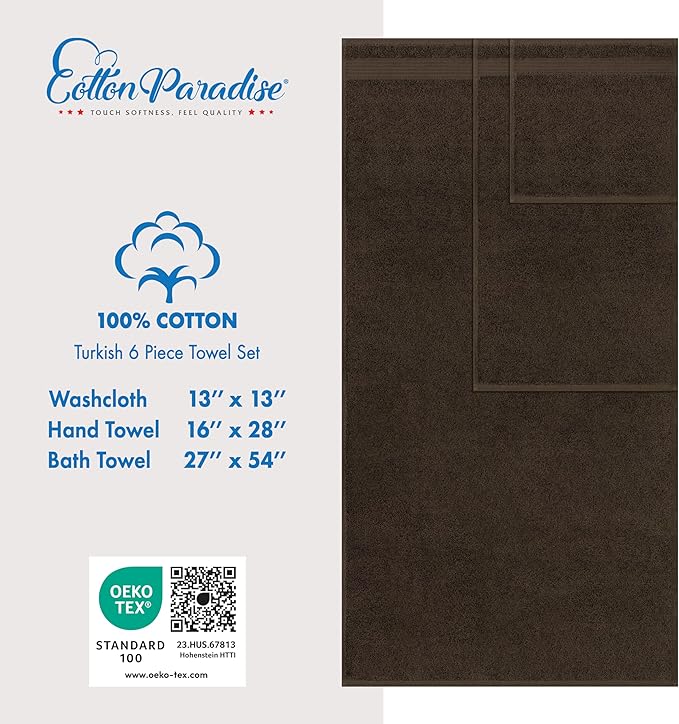 Cotton Paradise 6 Piece Towel Set, 100% Cotton Soft Absorbent Turkish Towels for Bathroom, 2 Bath Towels 2 Hand Towels 2 Washcloths, Brown Towel Set