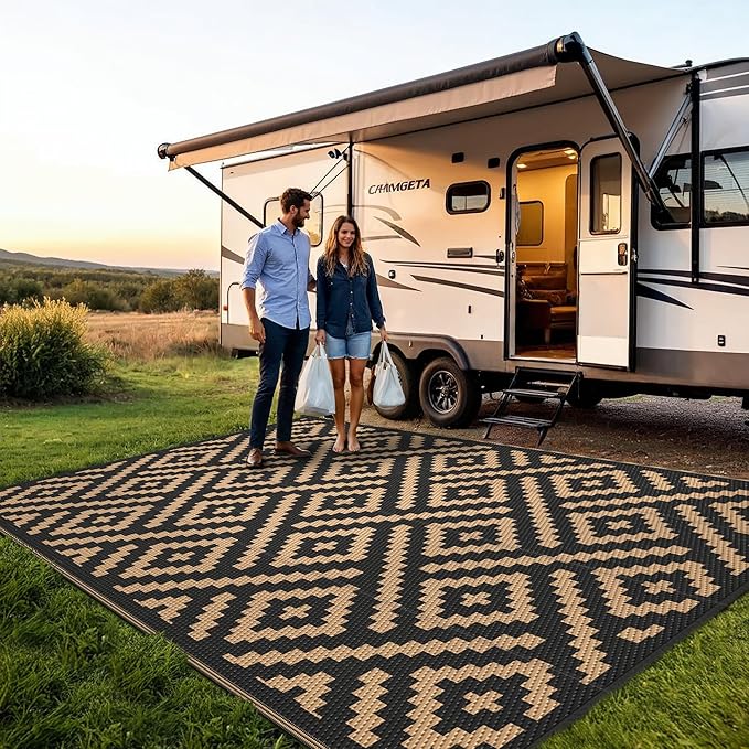 Outdoor Rug for Patio - Waterproof Plastic Straw Camping Rugs 8x10 ft, Reversible Outdoor Indoor RV Mat Carpet for Patio, Porch, Deck, Balcony, Picnic, Beach, Black Brown