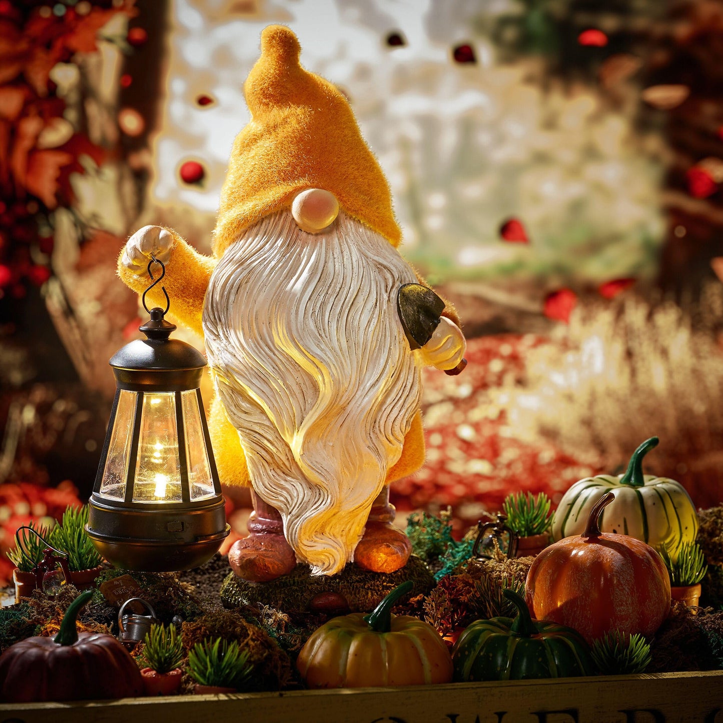 TeresaS Collections Fall Decor  Fall Gnome Decor  Autumn Garden Gnomes Holding Lantern With Solar Lights Waterproof Resin Outdoor Fall Decor  Fall Gifts Outdoor/Indoor 8