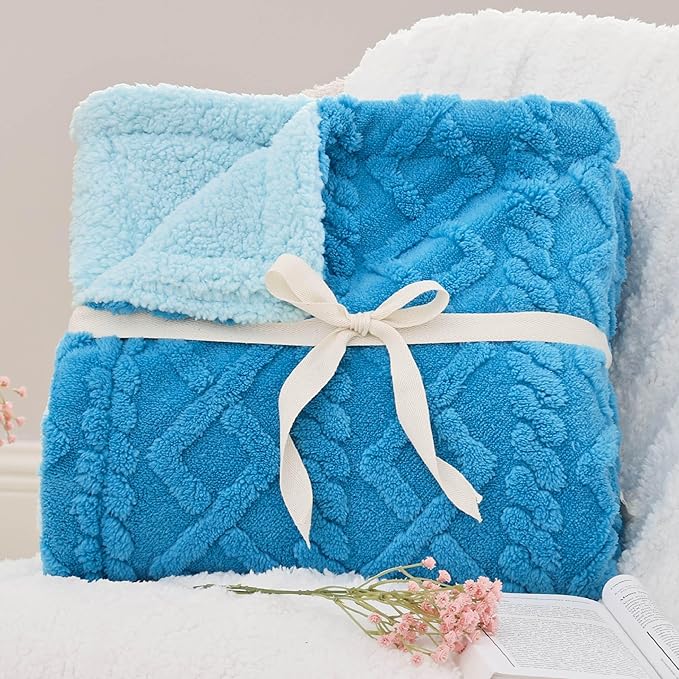Bedsure Sherpa King Size Blanket for Bed- GentleSoft Fleece Fluffy & Cozy Cable Jacquard Tufted for Women Gift, Thick and Warm Blankets for Winter, Horizon Blue, 108x90 Inches